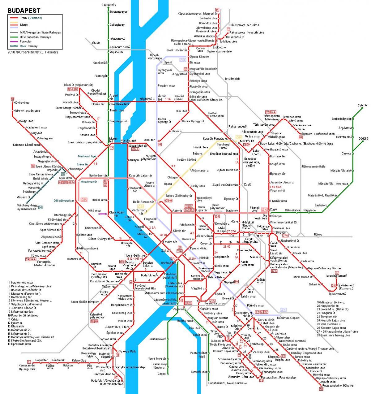 liñas de tranvía budapest mapa